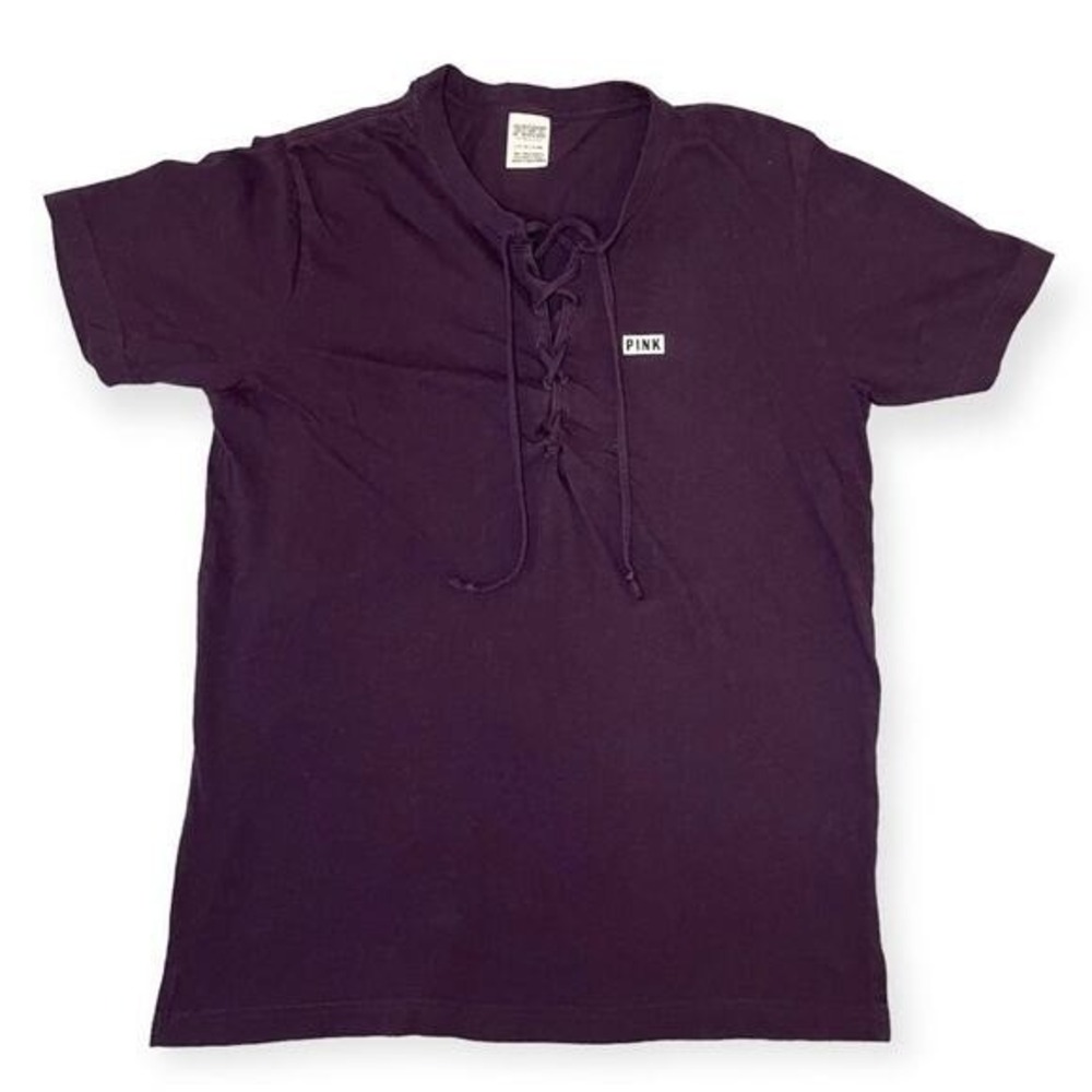 Victoria's Secret PINK Purple Lace Up V Neck Logo T Shirt Y2K‎ Size Small Lounge